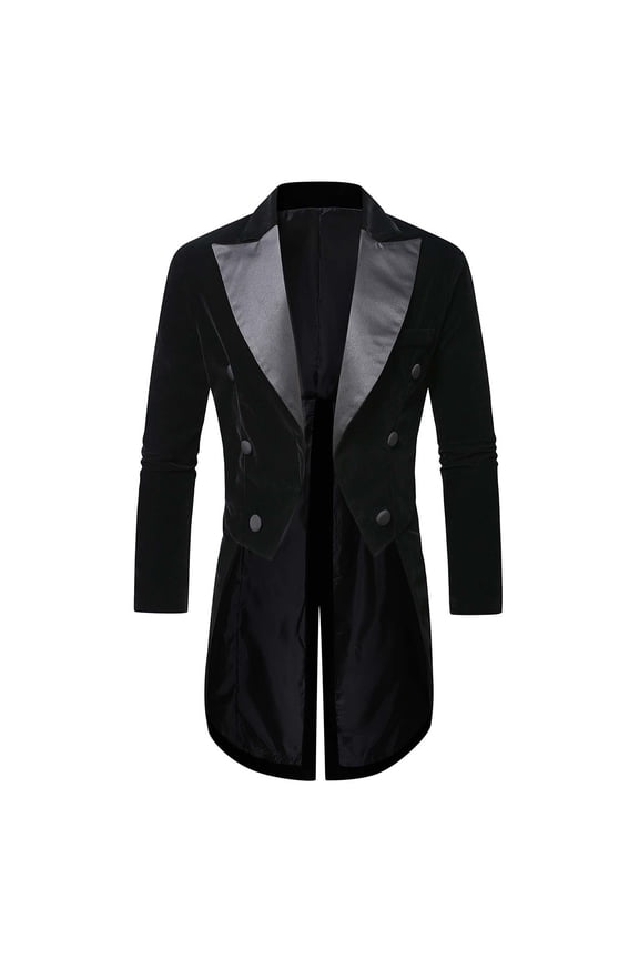 Men Velvet Contrast Lapel Double Breasted Tailcoat Blazer Gala Prom Stage Formal Sport Coat Black L