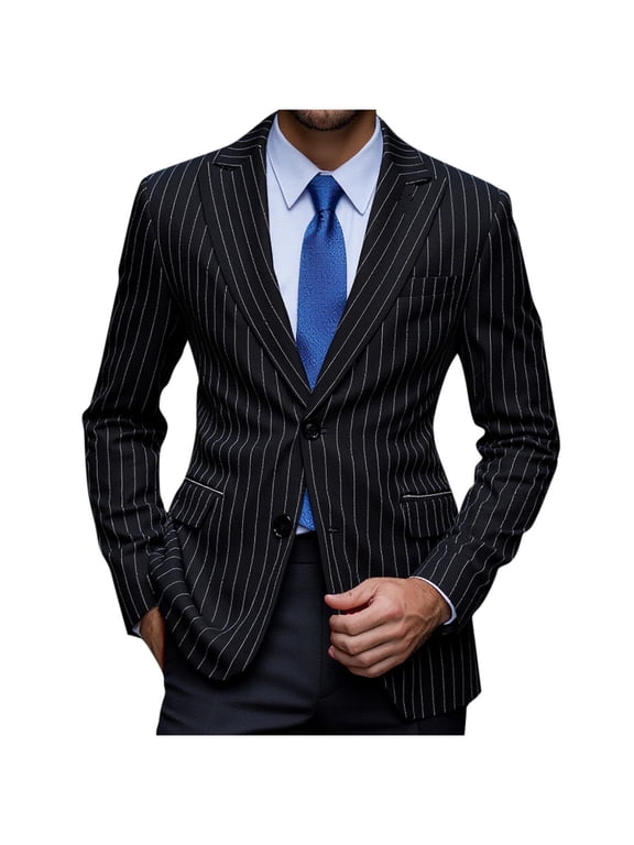 Men Vertical Pinstripe Notch Lapel Single Button Blazer Wedding Business Casual Sport Coat Black M