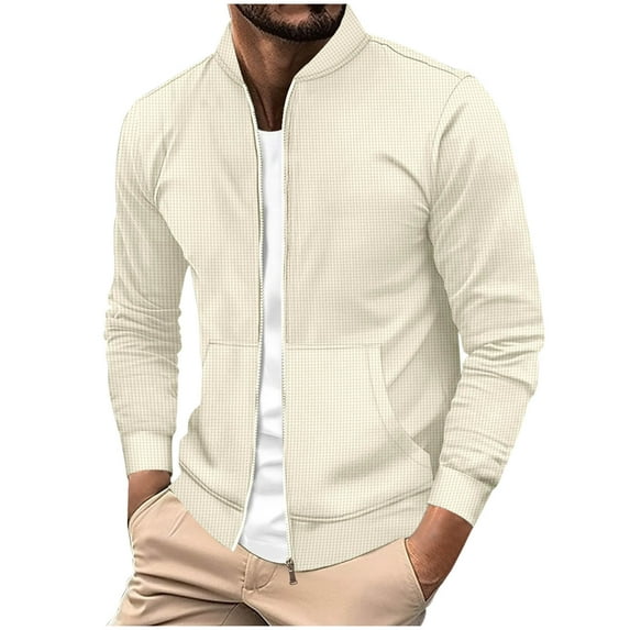 LMOIPLI Men Waffle Bomber Jacket Lightweight Long Sleeve Stand Collar Zip Up Casual Vintage Fall Varsity Jackets with Pockets Yellow XXXL