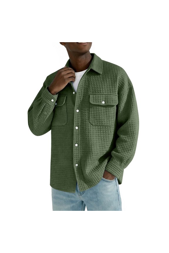 Men Waffle Textured Collared Shirt Jacket Button Down Lightweight Casual Utility Outer Coat for Spring Fall Daily Street Campus Travel Outfits Army Green S