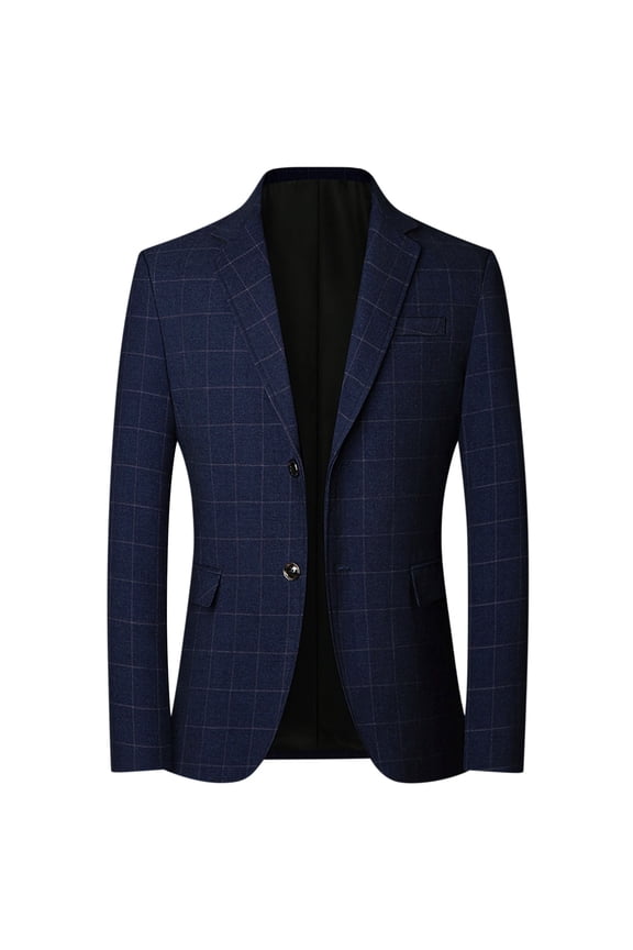 Men Windowpane Plaid Tweed Notch Lapel Two Button Blazer Business Casual Formal Sport Coat Blue XL
