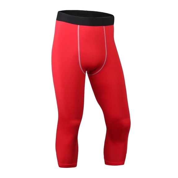 LMOIPLI Men's 3/4 Compression Pants Athletic Leggings Running Capri Tights Workout Basketball Gym Base Layer with Pockets Red S
