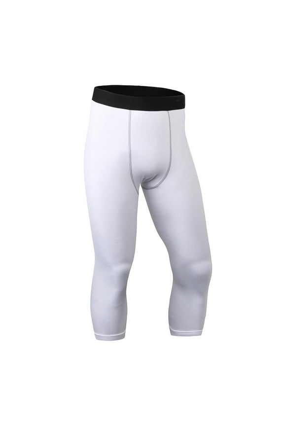Men's 3/4 Compression Pants Athletic Leggings Running Capri Tights Workout Basketball Gym Base Layer with Pockets White L