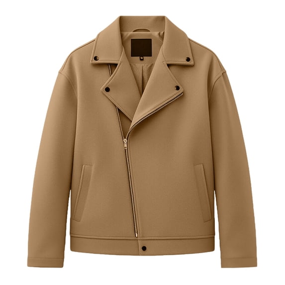 LMOIPLI Men's Asymmetric Zip Wool‑Blend Biker Jacket, Lapel Long‑Sleeve Outer Coat, Casual Fall Winter Moto‑Style Outerwear for Men Khaki L