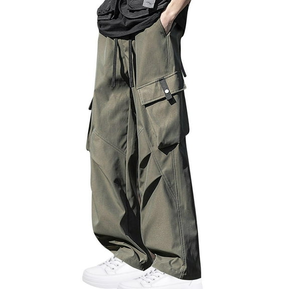 LMOIPLI Men's Baggy Cargo Pants Elastic Waist Drawstring Casual Solid Color Straight Streetwear Sweatpants with Multi-Pockets Army Green XXXL