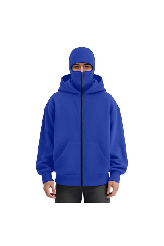 Men's Balaclava Hoodie Zip Up Cargo Jacket Double Hooded Wind Resistant Solid Color Coats Winter Warm Loose Outdoor Sports Jacket with Face Mask Blue S