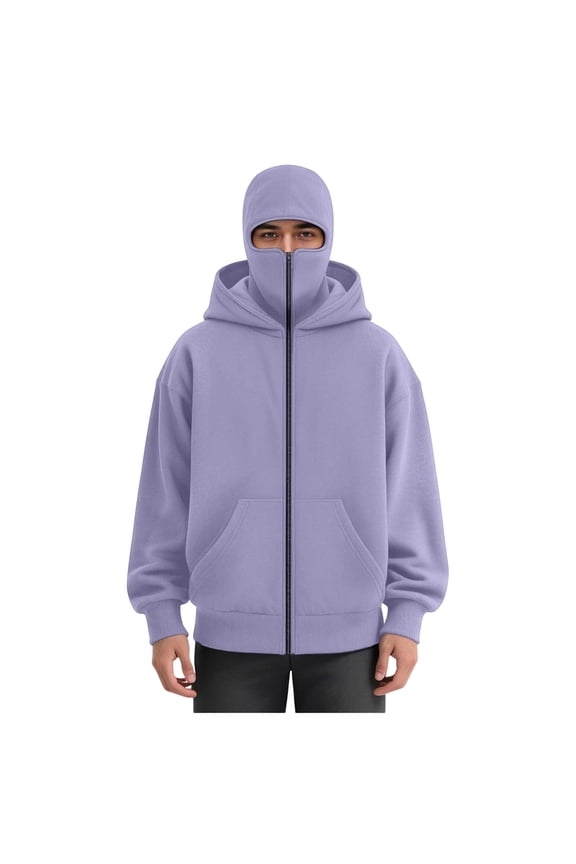 Men's Balaclava Hoodie Zip Up Cargo Jacket Double Hooded Wind Resistant Solid Color Coats Winter Warm Loose Outdoor Sports Jacket with Face Mask Gold M