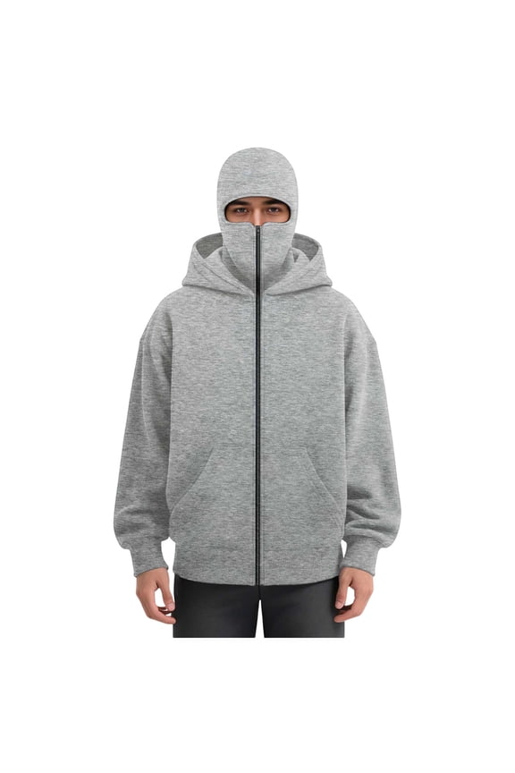 Men's Balaclava Hoodie Zip Up Cargo Jacket Double Hooded Wind Resistant Solid Color Coats Winter Warm Loose Outdoor Sports Jacket with Face Mask Gray S