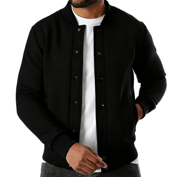 LMOIPLI Men's Baseball Button Jacket Causal Solid Color Long Sleeve Jacket Lightweight Bomber Jackets Fall Winter Trendy Loose Coat with Pocket Black S