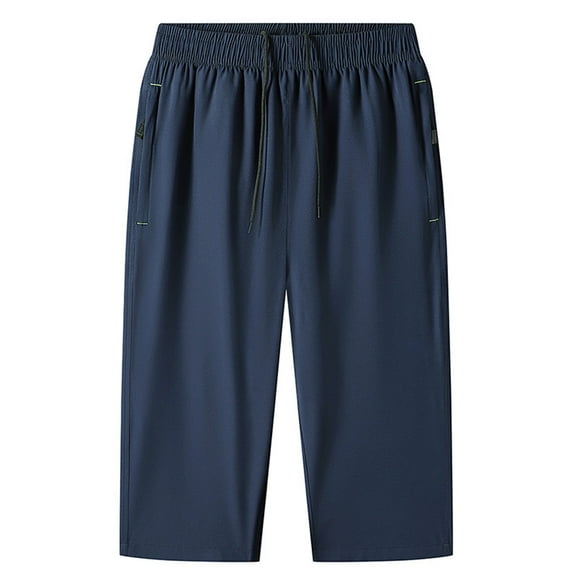LMOIPLI Men's Big and Tall Capri Pants 3/4 Below Knee Long Shorts Elastic Waist Jogging Gym Beach Cropped Pant with Pocket Dark Blue M