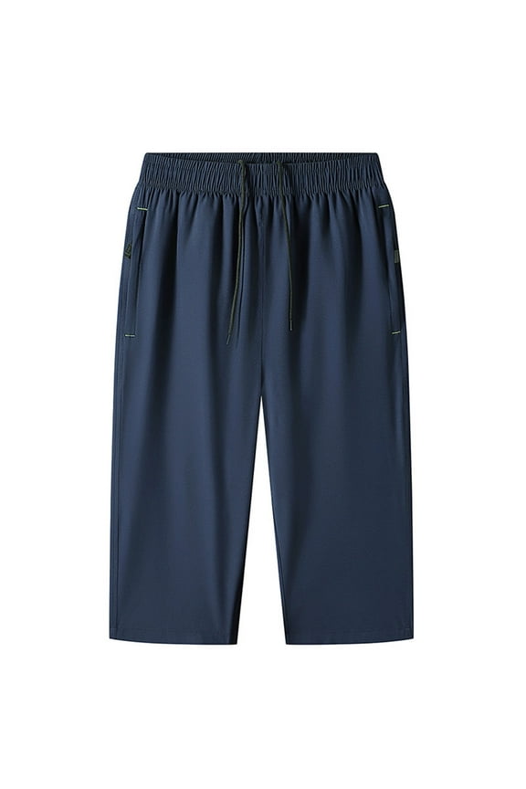 Men's Big and Tall Capri Pants 3/4 Below Knee Long Shorts Elastic Waist Jogging Gym Beach Cropped Pant with Pocket Dark Blue XL