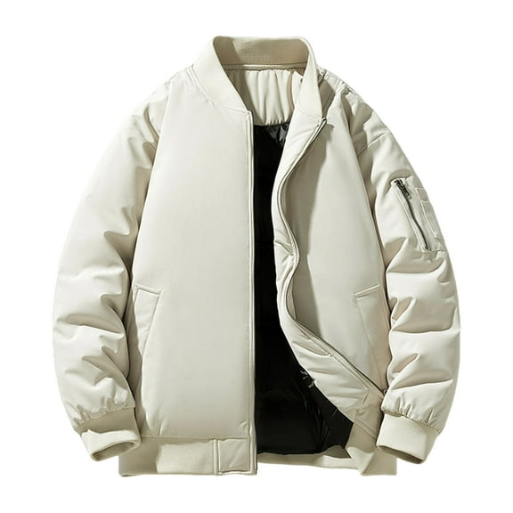 LMOIPLI Men's Bomber Jackets Thermal Quilted Casual Fall Winter Warm Windbreaker Jackets Solid Color Insulated Padded Outwear with Pockets Beige M