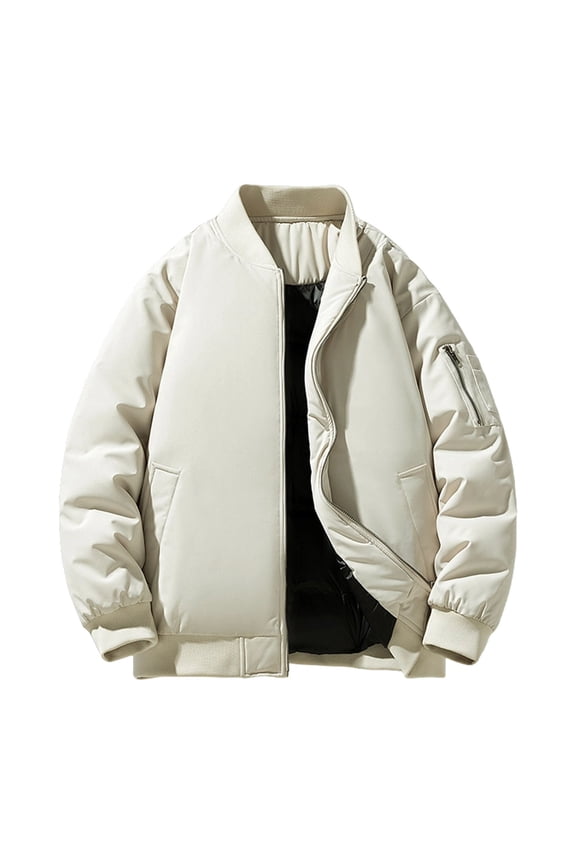 Men's Bomber Jackets Thermal Quilted Casual Fall Winter Warm Windbreaker Jackets Solid Color Insulated Padded Outwear with Pockets Beige M
