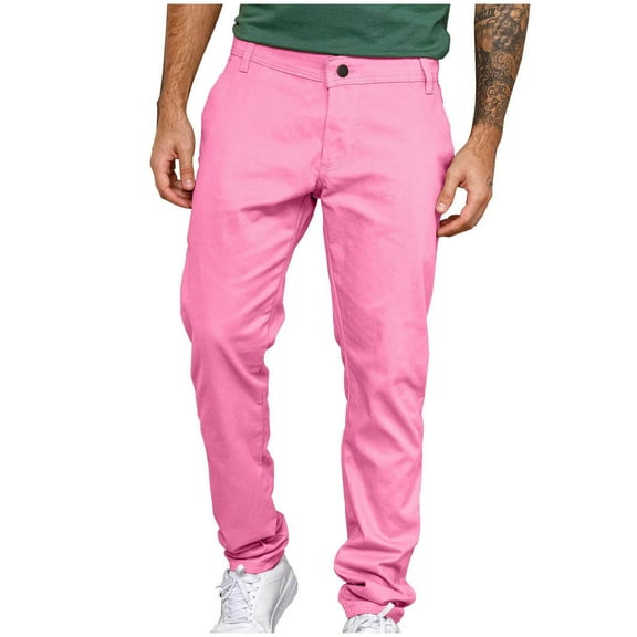 LMOIPLI Men's Business Casual Pants Solid Color Straight Leg Comfortable Twill Fabric Zipper Pocket for Outdoor Activities Daily Wear Pink S