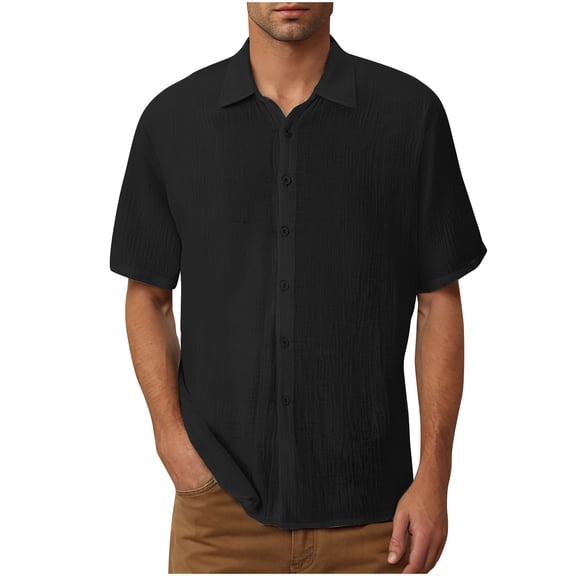 LMOIPLI Men's Button Down Short Sleeve Shirt Casual Cotton Summer Vacation Beach Wedding Shirts Regular Fit Linen Dress Shirt Black XXL