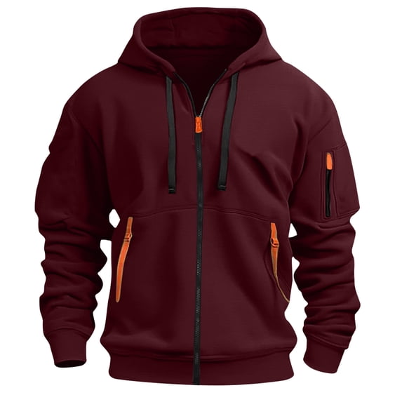 LMOIPLI Men's Cargo Hooded Zipper Coat Lightweight Solid Color Long Sleeved Jacket Outdoor Athletic Casual Travel Jacket with Pocket Red XXXL