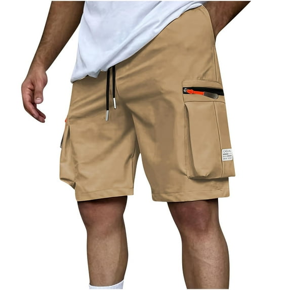 LMOIPLI Men's Cargo Shorts Elastic Waist Drawstring Lightweight Casual Sports Outdoors Shorts with Zipper Pockets Khaki XXL