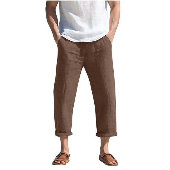 LMOIPLI Men's Casual Cropped Pants Solid Color Elastic Waist with Pockets Drawstring Closure Breathable Thick Fabric Comfortable for Running Hiking Yoga Daily Wear Brown XXXL