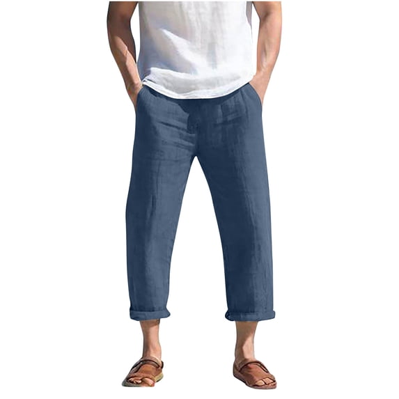 LMOIPLI Men's Casual Cropped Pants Solid Color Elastic Waist with Pockets Drawstring Closure Breathable Thick Fabric Comfortable for Running Hiking Yoga Daily Wear Blue L