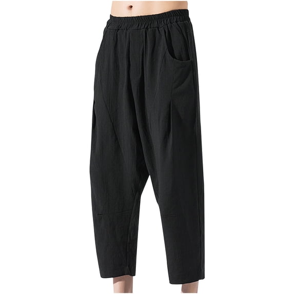 LMOIPLI Men's Casual Elastic Waist Pants Solid Color Drawstring Pocket Oversized Soft Breathable Comfortable Jogging Hiking Relaxing Outdoor Wear Full Length Black L
