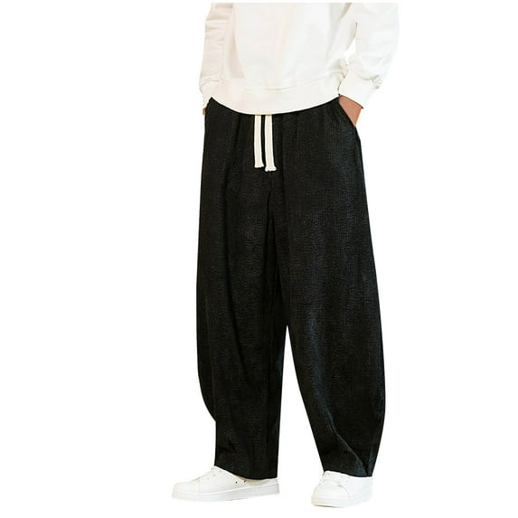 LMOIPLI Men's Casual Elastic Waist Pocket Pants Breathable Soft Fabric Drawstring Closure Solid Color Comfortable Outdoor Casual Long Pants for Jogging Hiking Relaxing Black M