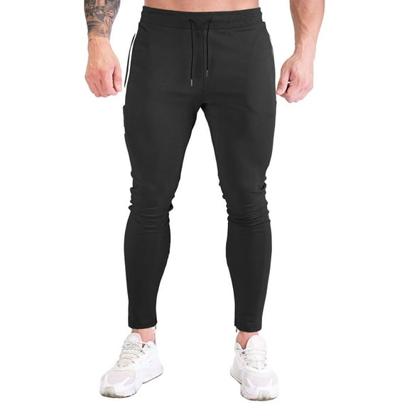LMOIPLI Men's Casual Elastic Waist Trousers Drawstring Closure Comfortable Breathable Fabric Outdoor Wear Full Length Pants for Jogging Running Hiking with Pockets Black M