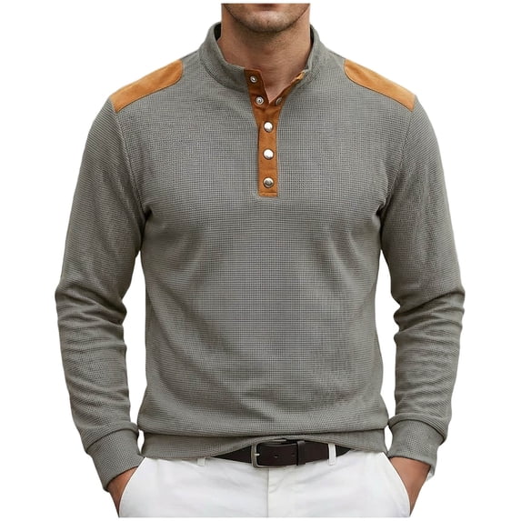 LMOIPLI Men's Casual Fashion Long Sleeve Shirts Waffle Knit Band Collar Tops Color Block Henley Patchwork Pullover Gray S