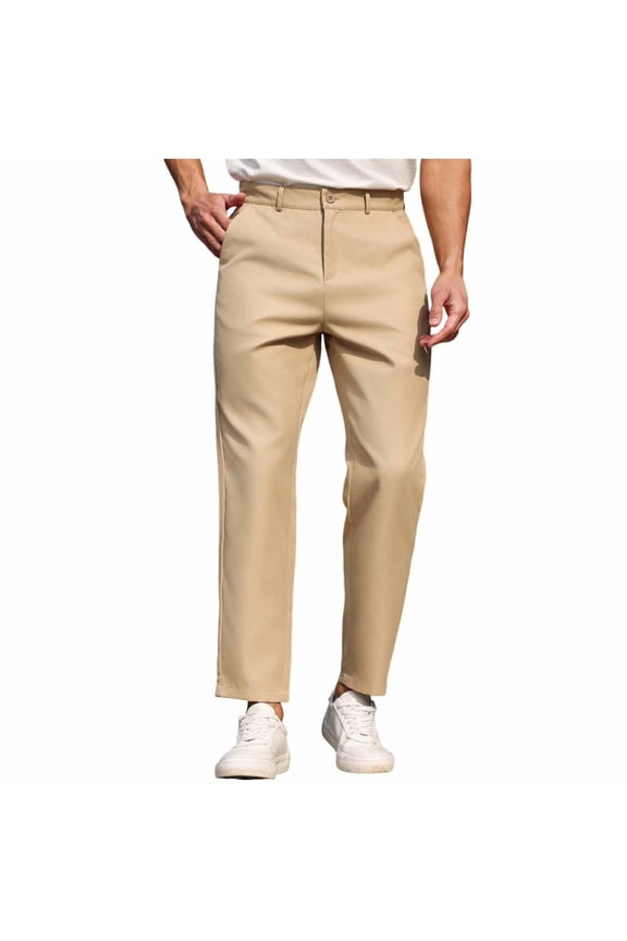 Men's Casual Pants with Pockets Elastic Waist Comfortable Straight Leg Zipper Button Thick Fabric Lightweight Breathable Full Length Trousers for Golf Jogging Outdoor Activities Yellow S