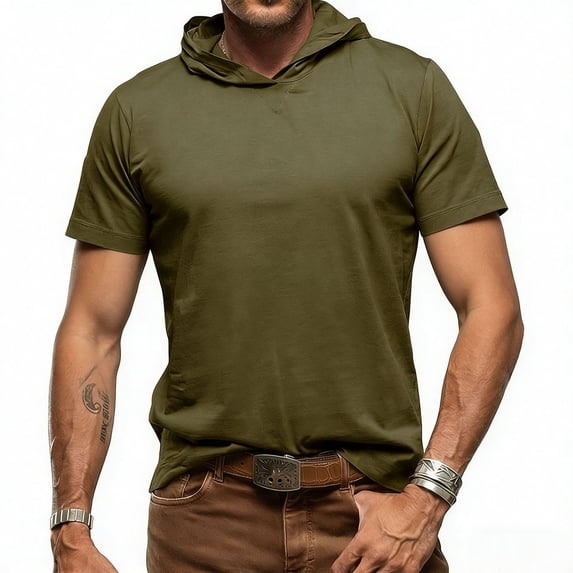 LMOIPLI Men's Casual Short Sleeve Hooded Cotton T-Shirt Lightweight Breathable Solid Color Tee for Daily Wear Army Green XL