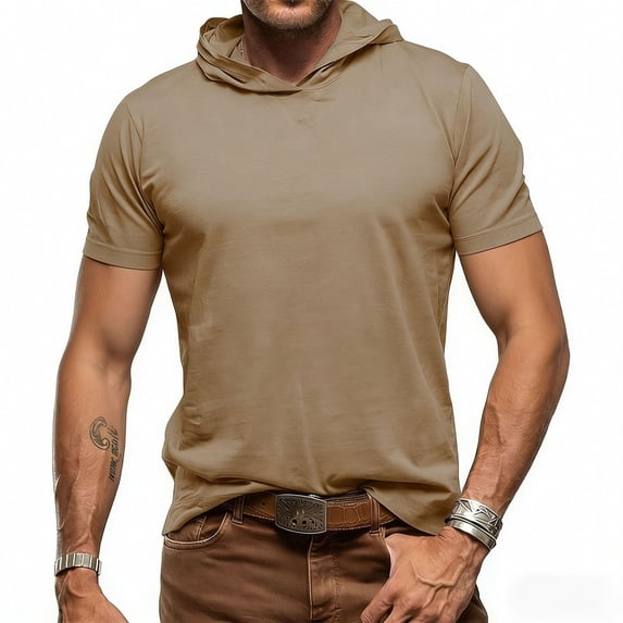 LMOIPLI Men's Casual Short Sleeve Hooded Cotton T-Shirt Lightweight Breathable Solid Color Tee for Daily Wear Khaki XXL