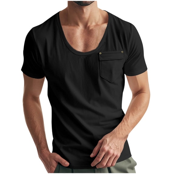 LMOIPLI Men's Casual Short Sleeve Tops Loose Scoop Neck Tshirt Plain Summer Tee Plus Size Shirt with Pockets Vacation Clothes Black XXL