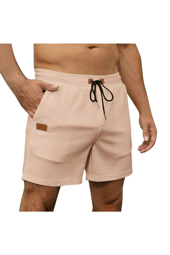 Men's Casual Waffle Shorts Cotton Drawstring Summer Flat Beach Shorts Stretch Twill Chino Golf Short with Pockets Khaki M