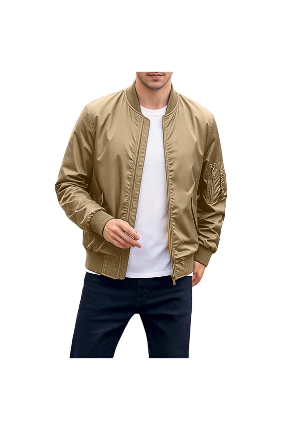 Men's Classic Bomber Jacket, Satin Full Zip Military Style Coat with Arm Pocket, Casual Outerwear for Daily Streetwear Khaki XXXL