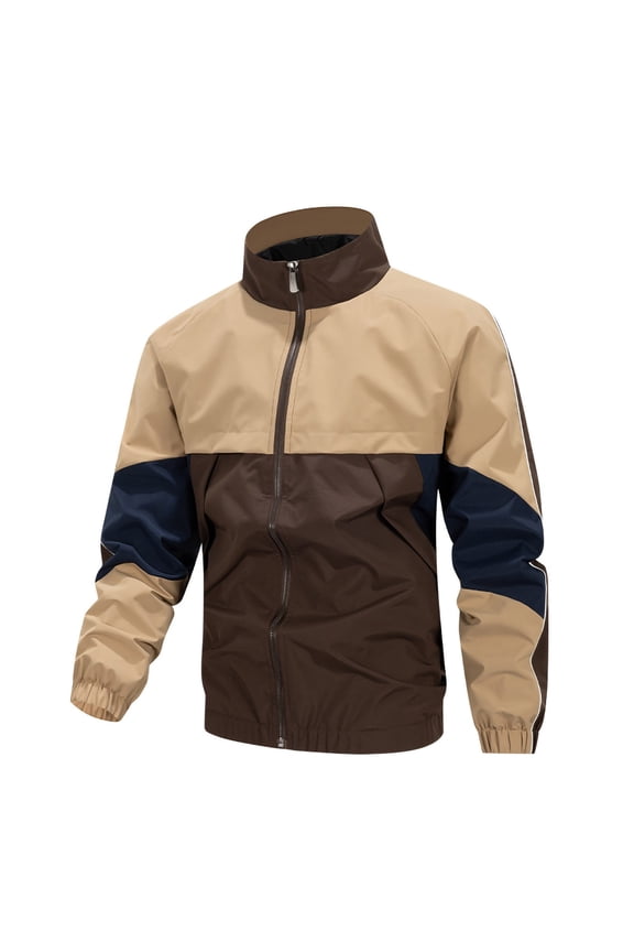 Men's Color Block Baseball Jacket Outdoor Windproof Zipper Closure Long Sleeved Lightweight Comfortable Fall Winter Trendy Loose Coat with Pocket Blue S