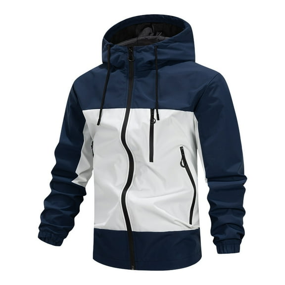 LMOIPLI Men's Color Block Hooded Jacket Outdoor Windproof Zipper Closure Long Sleeved Lightweight Comfortable Fall Winter Trendy Loose Coat with Pocket Blue S