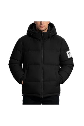 Men’s Color Block Hooded Quilted Puffer Jacket, Full Zip Outer Coat, Lightweight Warm Long Sleeve Outerwear For Hiking & Daily Outdoor Excursions Black M
