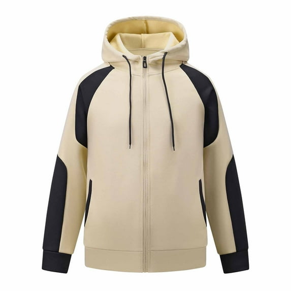 LMOIPLI Men's Color Block Hoodie Zip Sweatshirt Coats Long Sleeve Soft Comfy Coats Casual Fall Jackets with Pockets Beige S
