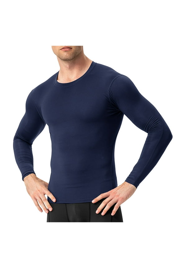 Men's Compression Shirt Long Sleeve Athletic Workout T-Shirts Top Active Sport Baselayer Undershirt Gear Quick Dry Shirt Navy M