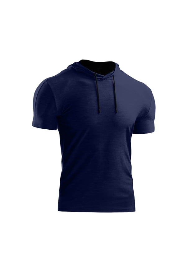 Men's Compression Short Sleeve Hooded T-Shirt Athletic Base Layer Cool Dry Workout Shirts Sports Running Tops Navy XXL