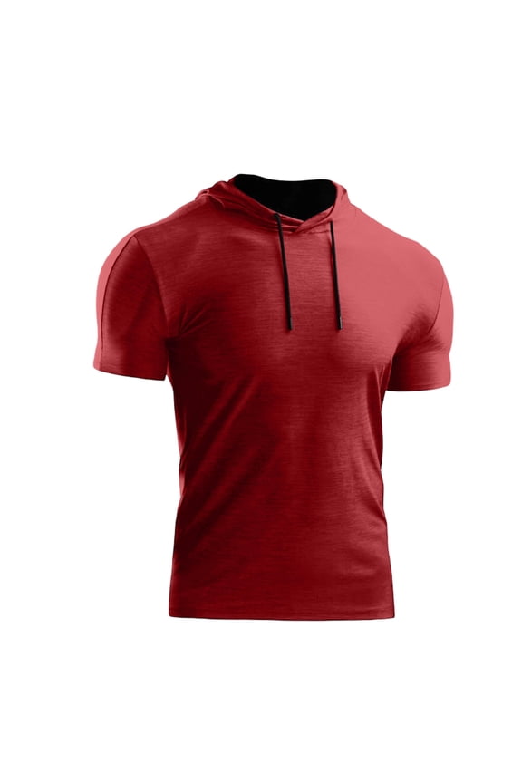Men's Compression Short Sleeve Hooded T-Shirt Athletic Base Layer Cool Dry Workout Shirts Sports Running Tops Red S