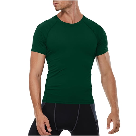 LMOIPLI Men's Compression Short Sleeve T-Shirt Slim Fit Crew Neck Moisture Wicking Athletic Workout Gym Base Layer Tee Green M