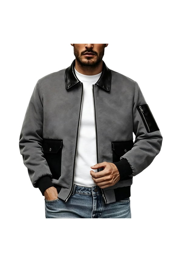 Men's Contrast Faux Leather Collar Wool Blend Bomber Jacket Zip Up Dual Flap Pockets Ribbed Cuff Hem Retro Street Casual Outerwear Gray M