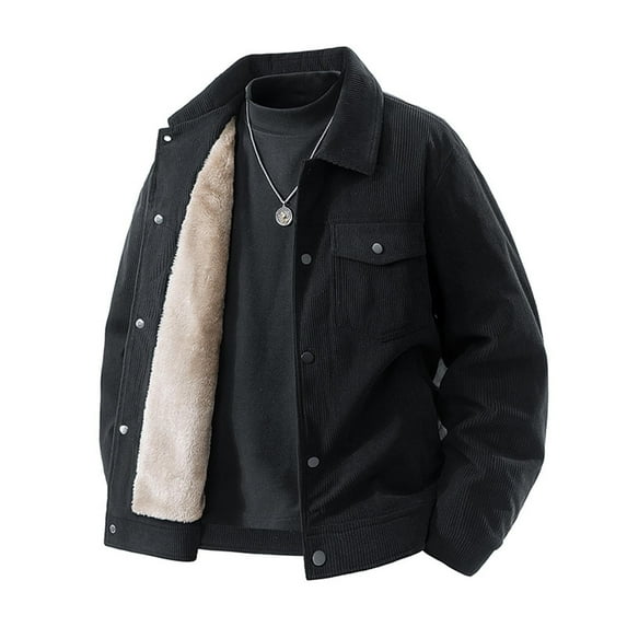 LMOIPLI Men's Corduroy Button Down Jacket Long Sleeve Solid Color Lapel Collar Thick Fleece Casual Jackets with Pockets Black L