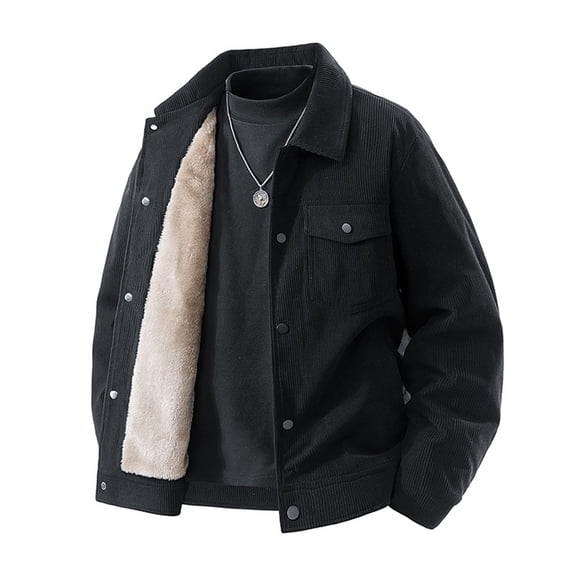 LMOIPLI Men's Corduroy Button Down Jacket Long Sleeve Solid Color Lapel Collar Thick Fleece Casual Jackets with Pockets Black M