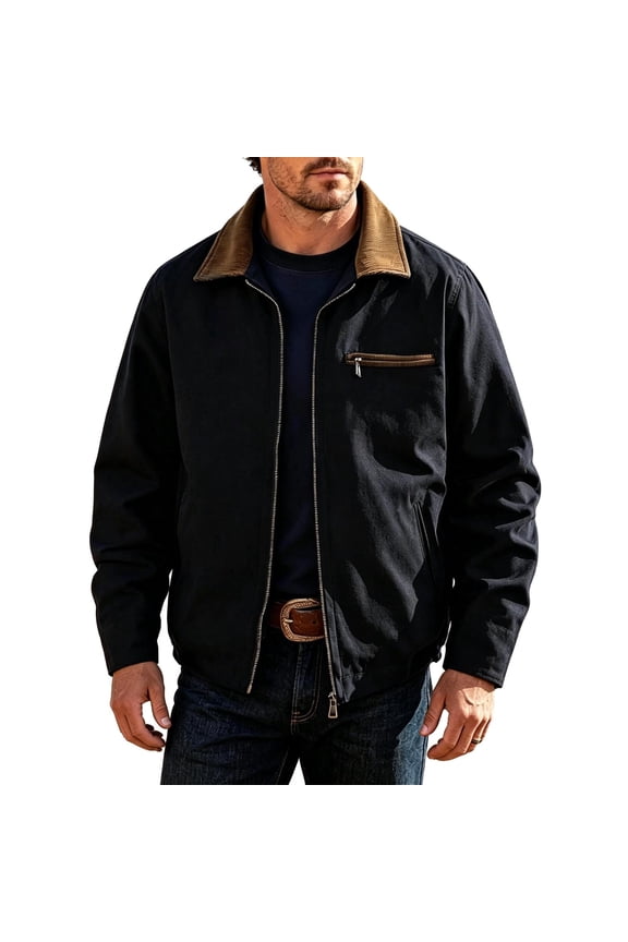 Men's Corduroy Collar Canvas Jacket, Lapel Collar Vintage Work Coat with Chest Pocket, Casual Utility Outerwear for Fall Daily Wear Black XS