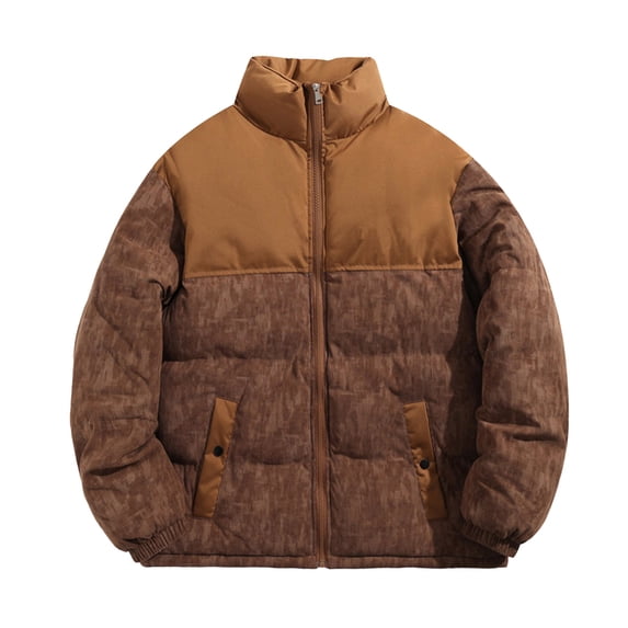 LMOIPLI Men's Corduroy Quilted Thicken Down Coats Color Block Long Sleeve Fashion Zip Up Coats Winter Warm Loose Stand Collar Jacket with Pockets Brown L