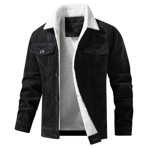 LMOIPLI Men's Corduroy Thick Fleece Lined Coat Solid Color Long Sleeved Lapel Jacket Winter Warm Casual Slim Fit Outwear with Pocket Black L