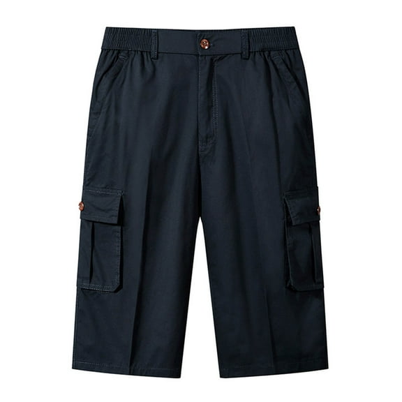 LMOIPLI Men's Cotton Cargo Shorts 3/4 Loose Fit Below Knee Capri Pants Casual Hiking Shorts Sports Joggers with Multiple Pockets Dark Blue XL