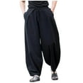 thumbnail image 1 of LMOIPLI Men's Cotton Linen Harem Pants Drawstring Elastic Waist Baggy Lantern Leg Casual Trousers with Pockets Black XXL, 1 of 6
