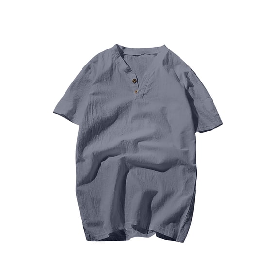 LMOIPLI Men's Cotton Linen Shirts Casual Gauze Short Sleeve Regular Fit V Neck Henley T-Shirt Summer Lightweight Beach Top Dark Gray M
